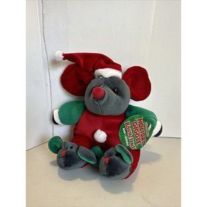 Christmas Mouse Gray With Mouse Slippers Giggles When You Tap His Belly 8” W/tag